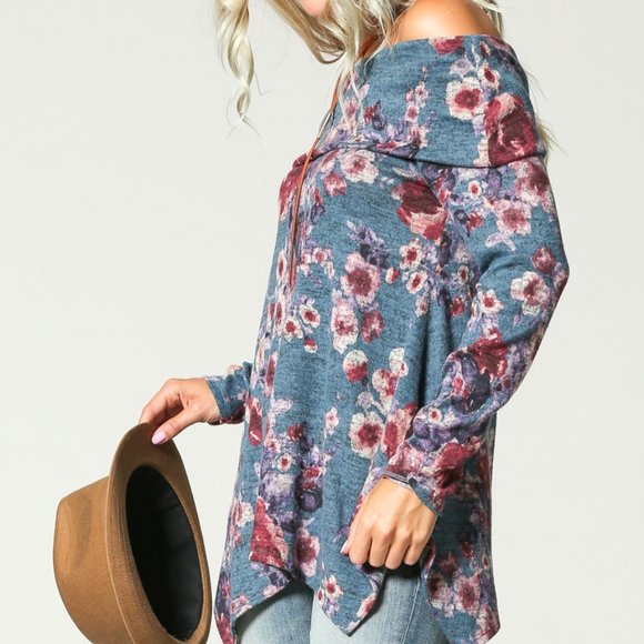 DONATED!! Floral off shoulder tunic in denim blue - Picture 5 of 6